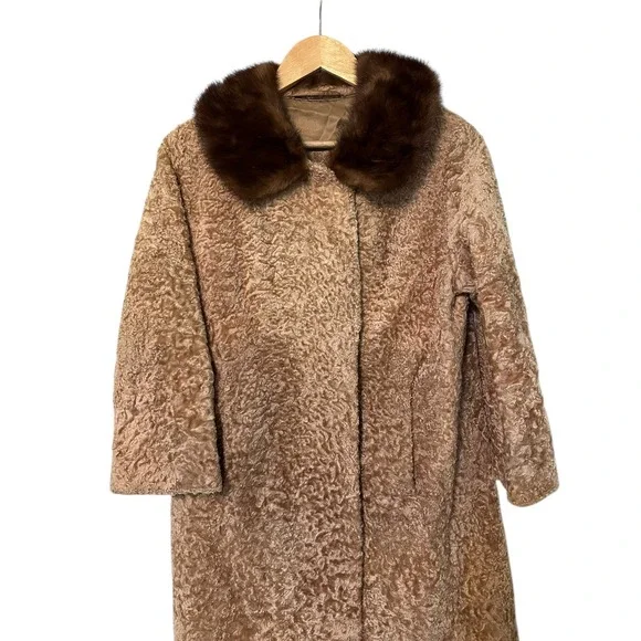 Vintage Karl Frankfurt Curly Lamb Fur Coat Mink Collar Women's Warm Outerwear - Picture 3 of 11